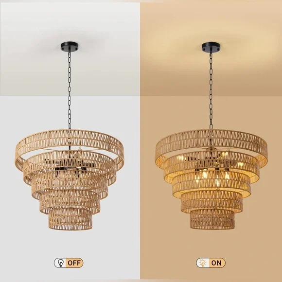 8-Light Dimmable Hand-Woven Rattan Tiered Chandelier - Picture 10 of 10